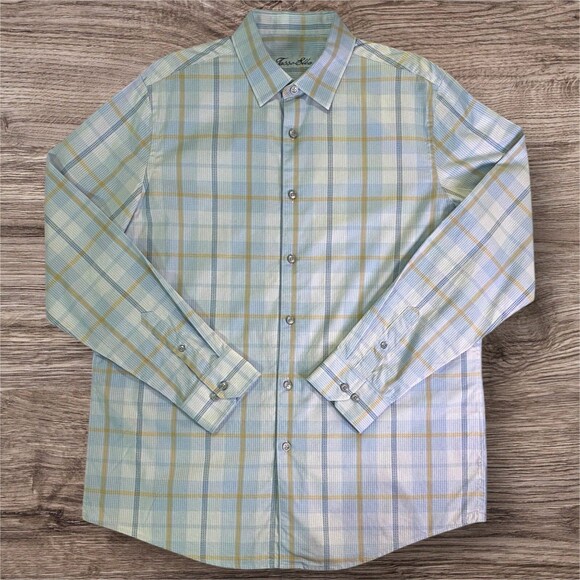 TASSO ELBA Mens Large Shirt Long Sleeve Button Up Blue Yellow Striped Textured - Picture 1 of 10